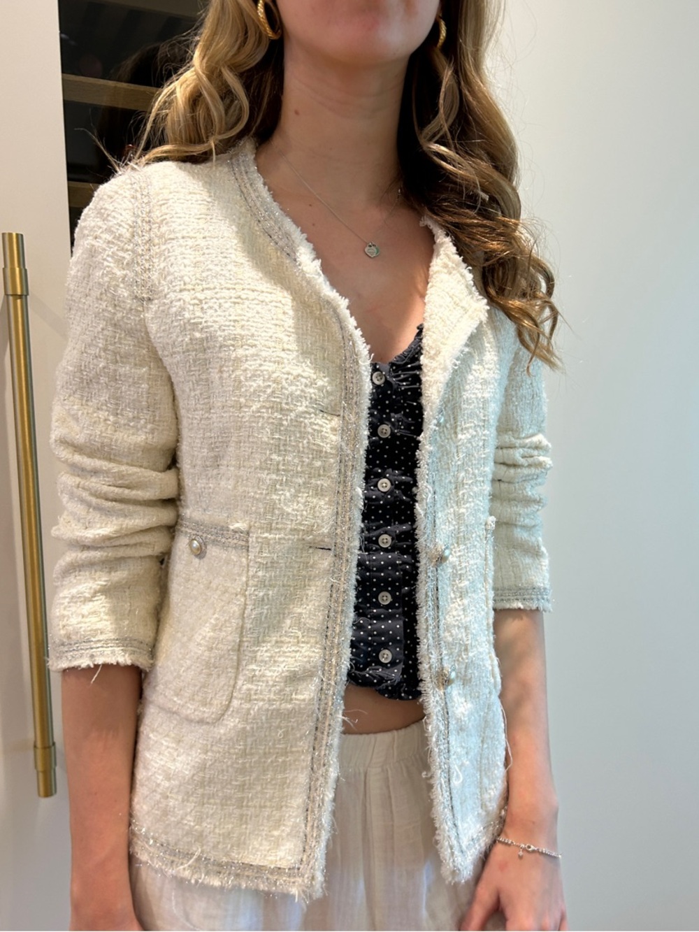 Zara Cream Tweed Open-Front Blazer